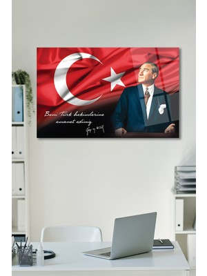 Duvar Sanatı Atatürk Portre ve Türk Bayrağı Yatay Cam Tablo, Ev, Iş, Kurum, Ofis, Makam Odası Hediyelik Tablo