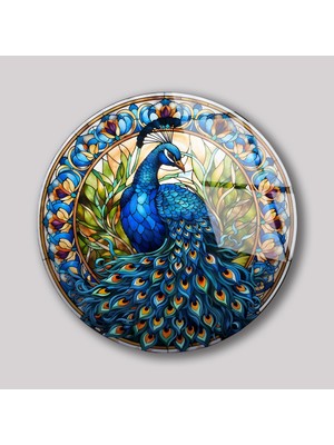 Duvar Sanatı Tavus Kuşu Yuvarlak Cam Tablo Otantik Salon Tablosu Ev Hediyesi Büyük Duvar Dekoru