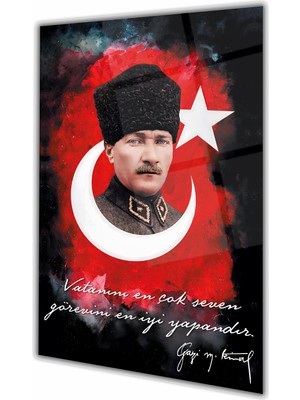 Duvar Sanatı Atatürk Portre ve Türk Bayrağı Dikey Cam Tablo, Ev, Iş, Kurum, Ofis, Makam Odası Hediyelik Tablo