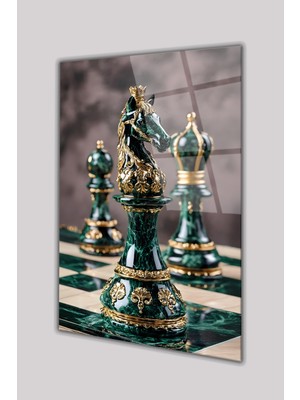 Duvar Sanatı Modern Satranç Yeşil Gold At Cam Tablo Hediyelik, Salon, Işyeri, Ofis, Büyük, Duvar Dekoru