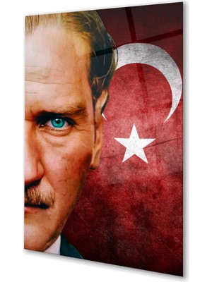Duvar Sanatı Atatürk Portre ve Türk Bayrağı Dikey Cam Tablo, Kurum Ofis Iş Ev Büyük Boy Hediyelik Tablo