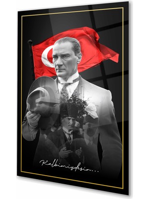 Duvar Sanatı Atatürk Portre ve Türk Bayrağı Dikey Cam Tablo, Ev Iş Kurum Ofis Büyük Hediyelik Tablo