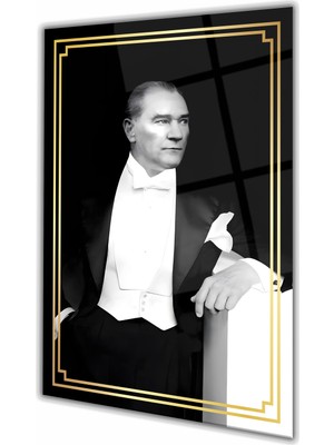 Duvar Sanatı Atatürk Siyah Beyaz Portre Dikey Cam Tablo, Ev Iş Kurum Ofis Hediyelik Büyük Tablo