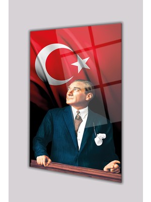 Duvar Sanatı Atatürk Portresi ve Türk Bayrağı Dikey Cam Tablo, Ev, Iş, Kurum, Ofis, Makam Odası Hediyelik Tablo
