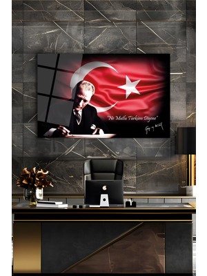 Duvar Sanatı Atatürk Portresi ve Türk Bayrağı Ne Mutlu Türküm Diyene Cam Tablo Iş Ofis Makam Odası Hediyelik