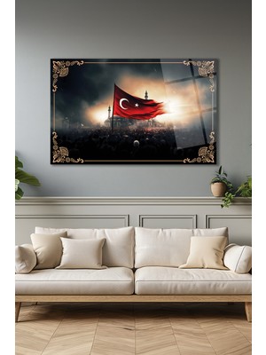 Duvar Sanatı Türk Bayrağı ve Cami Yatay Cam Tablo, Dini Islami Modern Duvar Dekoru , Kurum Ofis Iş Hediyelik