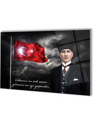 Duvar Sanatı Atatürk Portre ve Türk Bayrağı Yatay Cam Tablo, Ev, Iş, Kurum, Ofis, Makam Odası Hediyelik Tablo