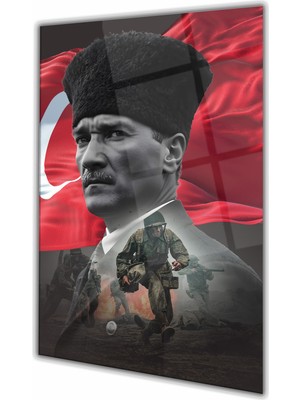 Duvar Sanatı Atatürk Portre ve Türk Bayrağı Dikey Cam Tablo, Ev, Iş, Kurum, Ofis, Makam Odası Hediyelik Tablo