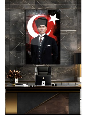 Duvar Sanatı Atatürk Portresi ve Türk Bayrağı Dikey Cam Tablo, Ev, Iş, Kurum, Ofis, Makam Odası Hediyelik Tablo