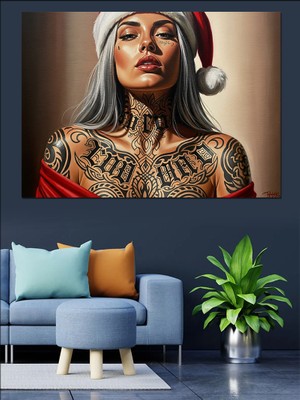 Artmeg Şapkalı Dövmeli Kadın Portresi Dekoratif Kanvas - Mdf Ahşap Tablo