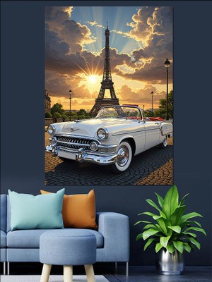 Artmeg Beyaz Klasik Açık Araba  Eyfel Kulesi Dekoratif Kanvas - Mdf Ahşap Tablo