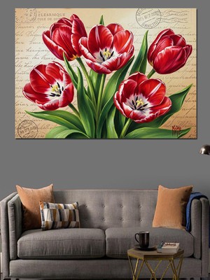 Karizma Tablo Kırmızı Lale Çiçekleri Buketi Dekoratif Kanvas - Mdf Ahşap Tablo
