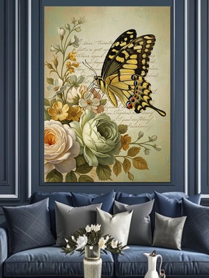 Karizma Tablo Çiçekli Altın Kelebek Uçan Dekoratif Kanvas - Mdf Ahşap Tablo
