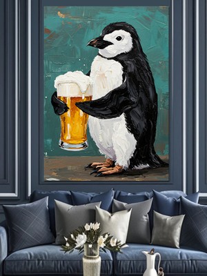 Artmeg Bira Içen Penguen Eğlence Dekoratif Kanvas - Mdf Ahşap Tablo