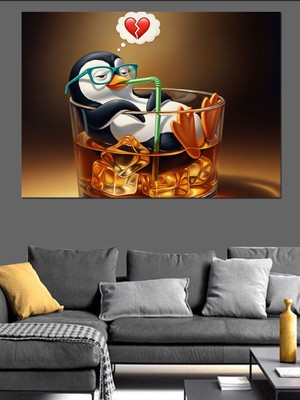 Karizma Tablo Buzlu Viski Kadehinde Kalbi Kırık Penguen Dekoratif Kanvas - Mdf Ahşap Tablo