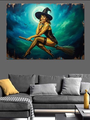 Artmeg Süpürgeli Seksi Cadı Dekoratif Kanvas - Mdf Ahşap Tablo