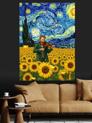 Artmeg Van Gogh Ayçiçeği Yıldızlı Gece Dekoratif Kanvas - Mdf Ahşap Tablo