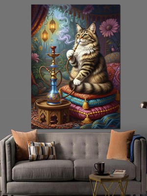 Artmeg Nargile Keyfi Yapan Kedi Dekoratif Kanvas - Mdf Ahşap Tablo