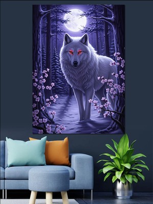 Artmeg Mor Işıklı Kurt Hayvan Dekoratif Kanvas - Mdf Ahşap Tablo