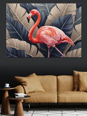 Karizma Tablo Siyah Beyaz Tüylü Fon Pembe Flamingo Dekoratif Kanvas - Mdf Ahşap Tablo