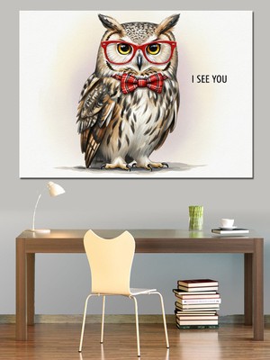 Artmeg Papyonlu ve Gözlüklü Bilge Baykuş Seni Görüyor Dekoratif Kanvas - Mdf Ahşap Tablo