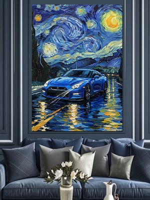 Karizma Tablo Van Gogh Yıldızlı Gece Tablosu ve Araba Dekoratif Kanvas - Mdf Ahşap Tablo