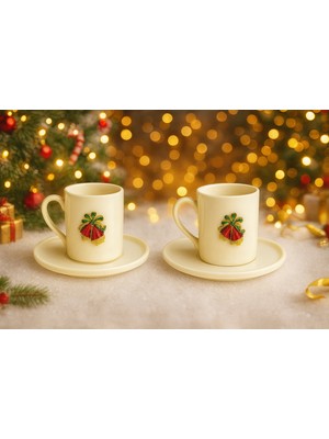 Miras Home Yılbaşı Zil Aksesuarlı 2 Kişilik Derya Porselen Kahve Seti, Yılbaşı Hediyelik Fincan