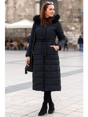 Günlük Kışlık Tam Boy Kürklü Kadın Siyah Şişme Mont