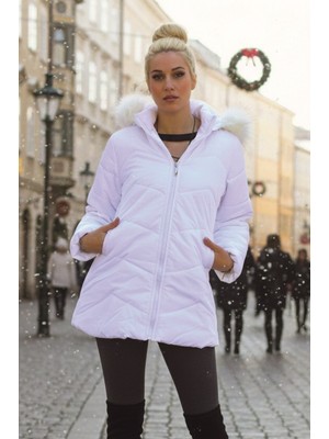 Kışlık Kürklü Kapüşonlu Kadın Şişme Mont