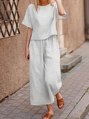 Keten Günlük Rahat Beli Lastikli Kadın Ikili Takım Alt Üst