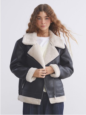 Lc Waikiki Özmarka Yeni Sezon Biker Yaka Kadın Deri Görünümlü Mont