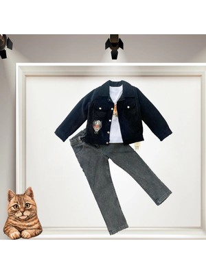 3-4-5 Yaş Fitilli Kadife Ceket Kot Pantolonlu 3lü Kız Erkek Çocuk Takımı Siyah