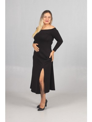 Truva Xxl Esnek Modal Kumaşlı Siyah Büyük Beden Madonna Yaka Elbise