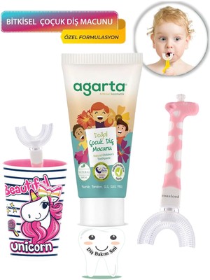 Mas Lord U Tipi Fırça Diş Bakım Seti - Pembe Fırçalık + Pembe Zürafa 6-12 Yaş + Agarta Çocuk Diş Macunu