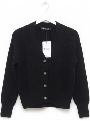 Imoop Design Kids Düğmeli Triko Hırka Siyah Düz Desenli Akrilik Uzun Kol Casual Stil