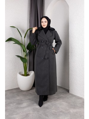 Pamuk Butik Kadın Kruvaze Kürk Yaka Kuşaklı Tam Boy Manto Kaban -PMK491