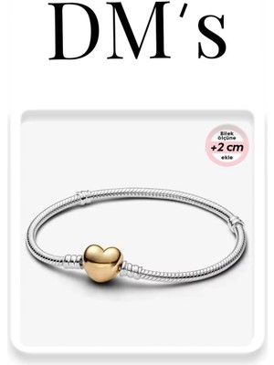 DMs Silver Ortası Gold Kalpli Gümüş Bileklik