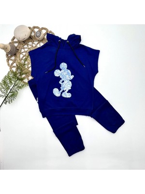 3-4-5 Yaş Kapşonlu Payetli Mickey Desenli Kısa Kol 2li Kız Erkek Çocuk Takımı Lacivert