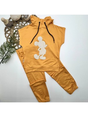3-4-5 Yaş Kapşonlu Payetli Mickey Desenli Kısa Kol 2li Kız Erkek Çocuk Takımı Sarı