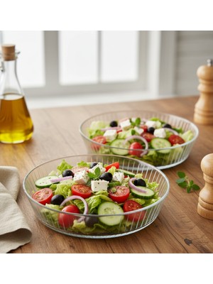 Berina Home 2 Li Salata Tabağı Seti - 2 Li Cam Salata Kasesi - 24 cm Büyük Boy -2 Adet Sunum Kasesi – Şık Desenli, Yerli Üretim