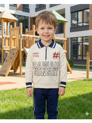 Asliva Unisex Çocuk Lacivert Hawaii Sunset Baskılı Polo Yaka Yarım Fermuarlı Pamuklu Eşofman Takımı