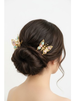 Gigi Giyim Renkli Çiçek Detaylı Oynar Kanatlı Kelebek Pens Toka