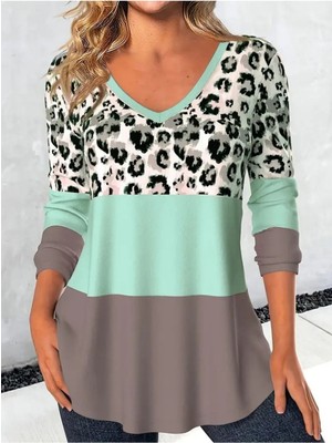 Kadın Uzun Kollu V Yakalı Leopar Baskılı Şardonlu Dalgıç Bluz