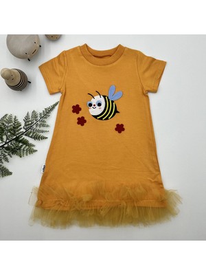 1-2-3 Yaş Arıcık Nakışlı Eteği Fırfırlı Jile Kız Çocuk Elbisesi Turuncu