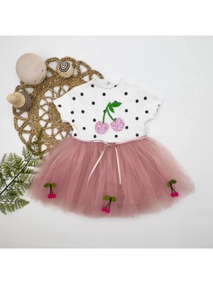 1-2-3 Yaş Payetli Kiraz Nakışlı Kiraz Etekli Kız Bebek Tütü Elbisesi Gül Kurusu