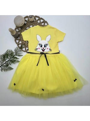 5-6-7 Yaş Payetli Tavşan Baskılı Kız Çocuk Elbisesi Sarı