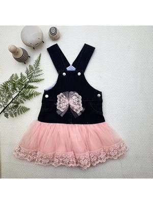2-3-4 Yaş Fiyonklu Düğme Detaylı Tül Etek Kot Kumaş Salopet Kız Çocuk Elbisesi Siyah-Pudra
