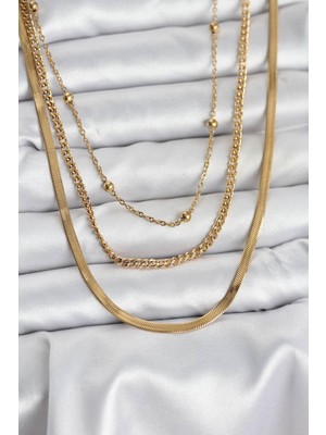 Nuvigo 316L Çelik Gold Renk 3'lü Kadın Kolye - TJ-BKO10630