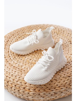 Zerenyus ZRİN-501 Beyaz Bağcıklı Rahat Taban Günlük Triko Spor Ayakkabı