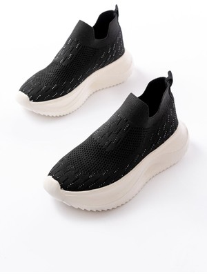 Zerenyus ZRİN-707 Siyah Beyaz Triko Faillant Taban Slip-On Taşlı Kadın Spor Ayakkabı